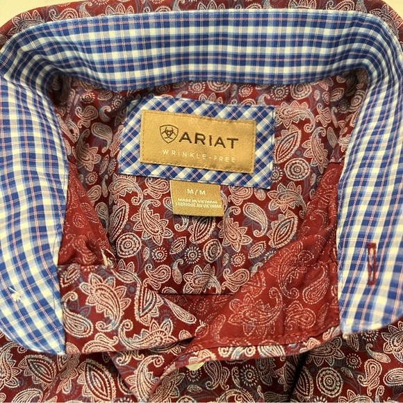 Ariat Men’s Medium Burgundy Paisley Button-Up Shirt • 100% Cotton • Wrinkle-Free - Picture 12 of 13